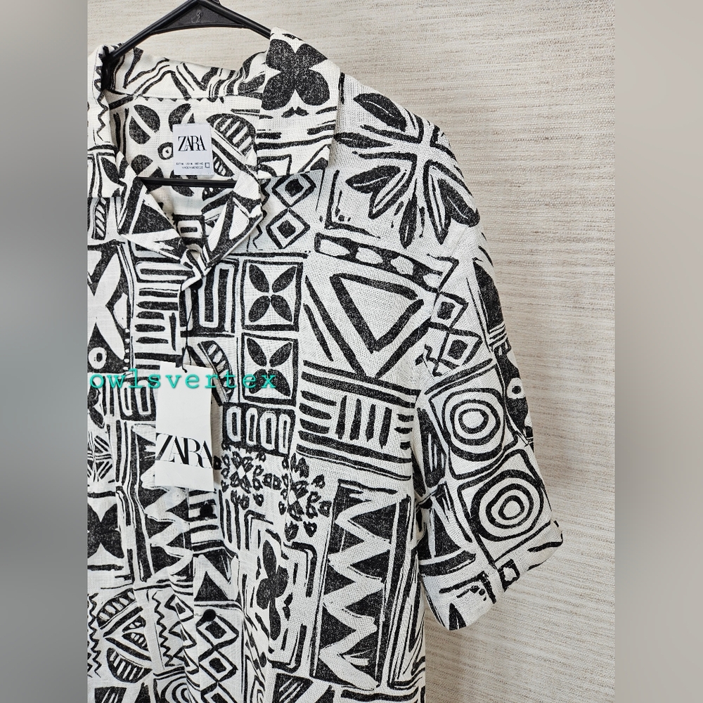 New Zara Men's Geometric Print Shirt Black White 0399/064 - Picture 3 of 9